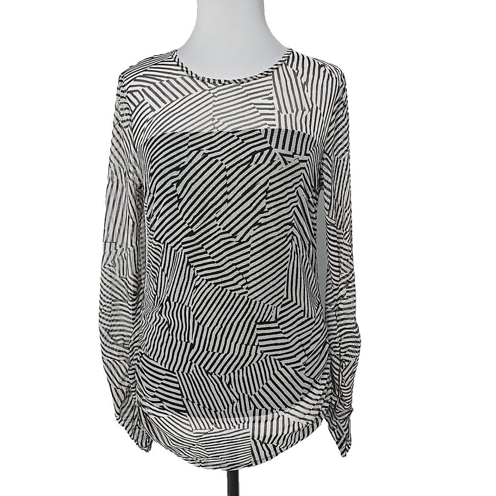 DKNY Black Geometric Mesh Layered Long Sleeve Rushed Top Medium M